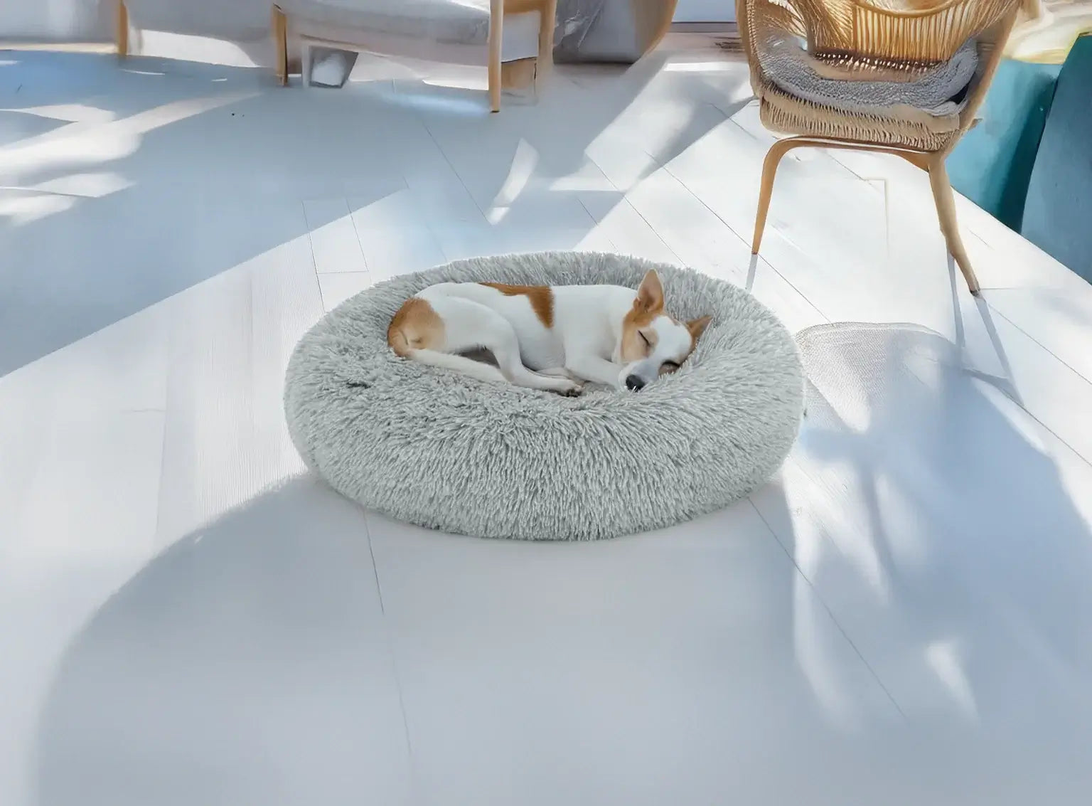 Legowisko Puffy (5/17): Miękkie, pluszowe legowisko dla psa, ciemnoszare. Widok z boku.