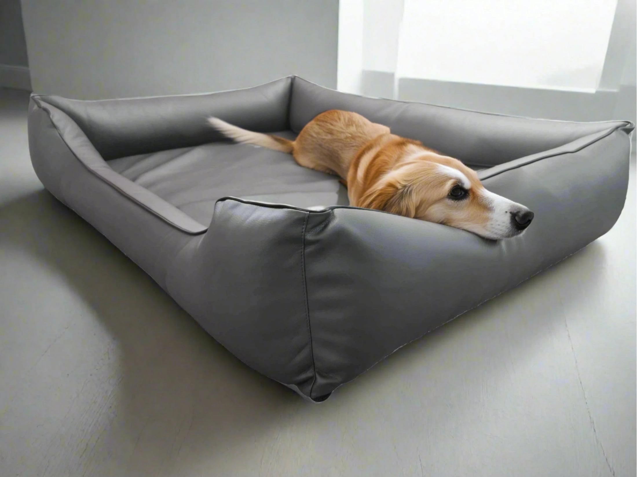 Legowisko ortopedyczne Teoś z ekoskóry (1/33) - widok z przodu. Kanapa dla dużego psa.