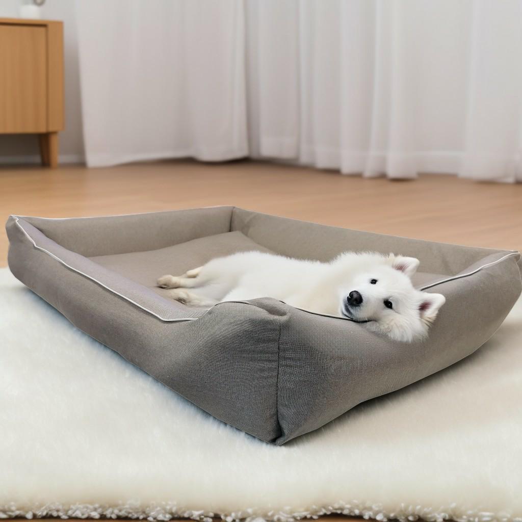 Legowisko dla psa Saba (15/20): Beżowa kanapa ortopedyczna. Widok z boku.