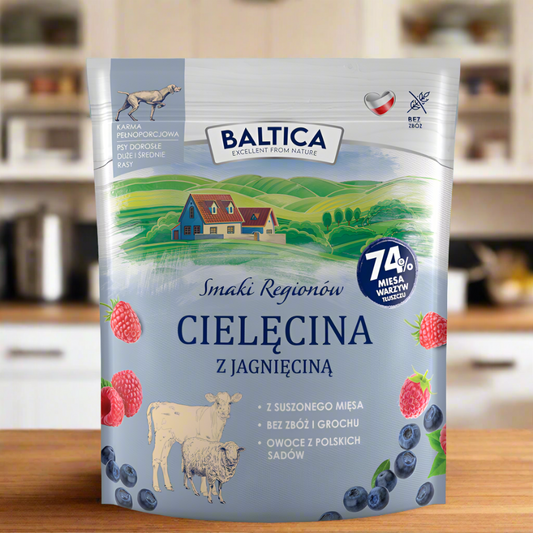 Karma Cielęcina z jagnięciną (1/3) - widok z przodu opakowania. Sucha karma dla psów średnich i duży