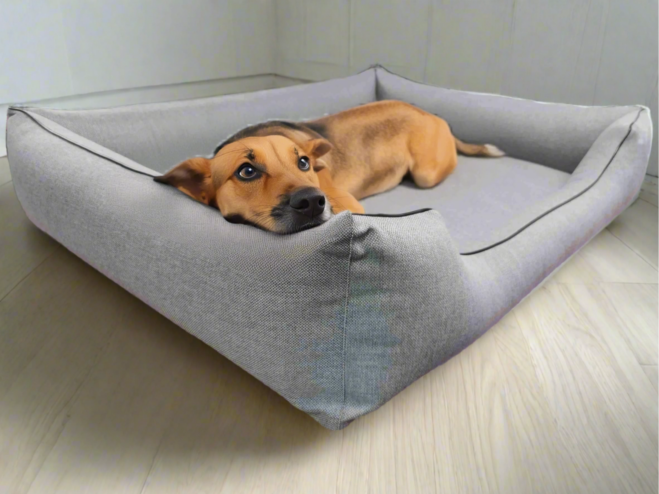 Legowisko dla psa Saba (7/20): Beżowa kanapa ortopedyczna. Widok z boku.