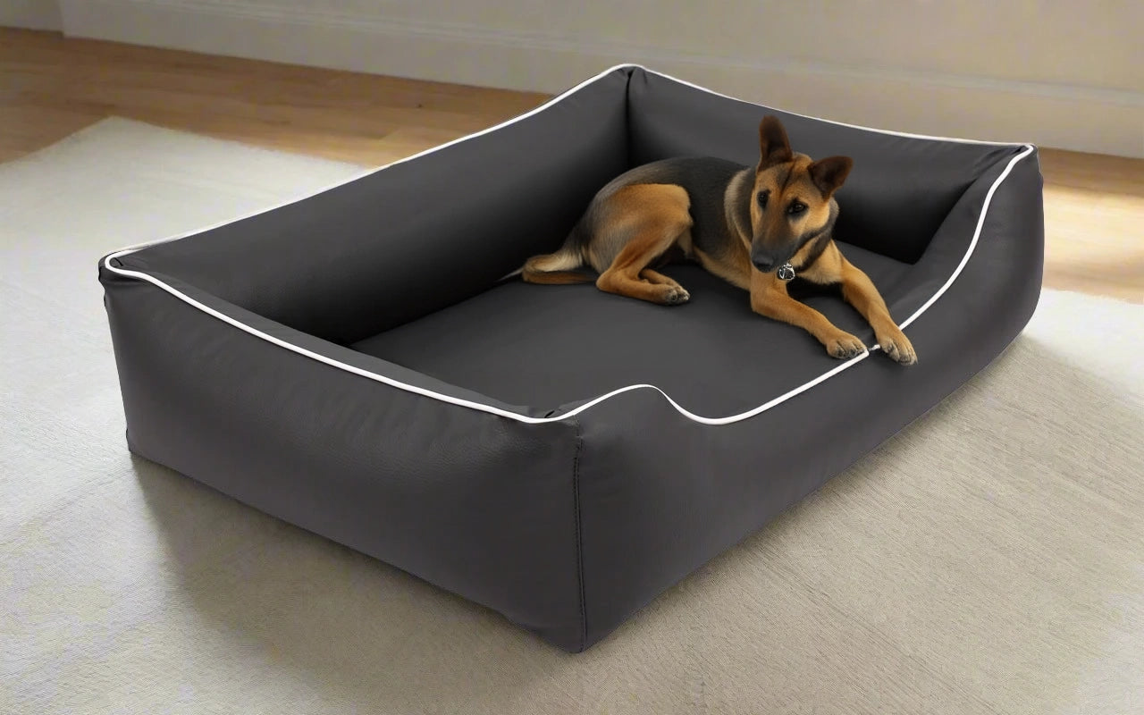 Legowisko ortopedyczne Teoś z ekoskóry (26/33) - widok z boku. Kanapa dla dużego psa.
