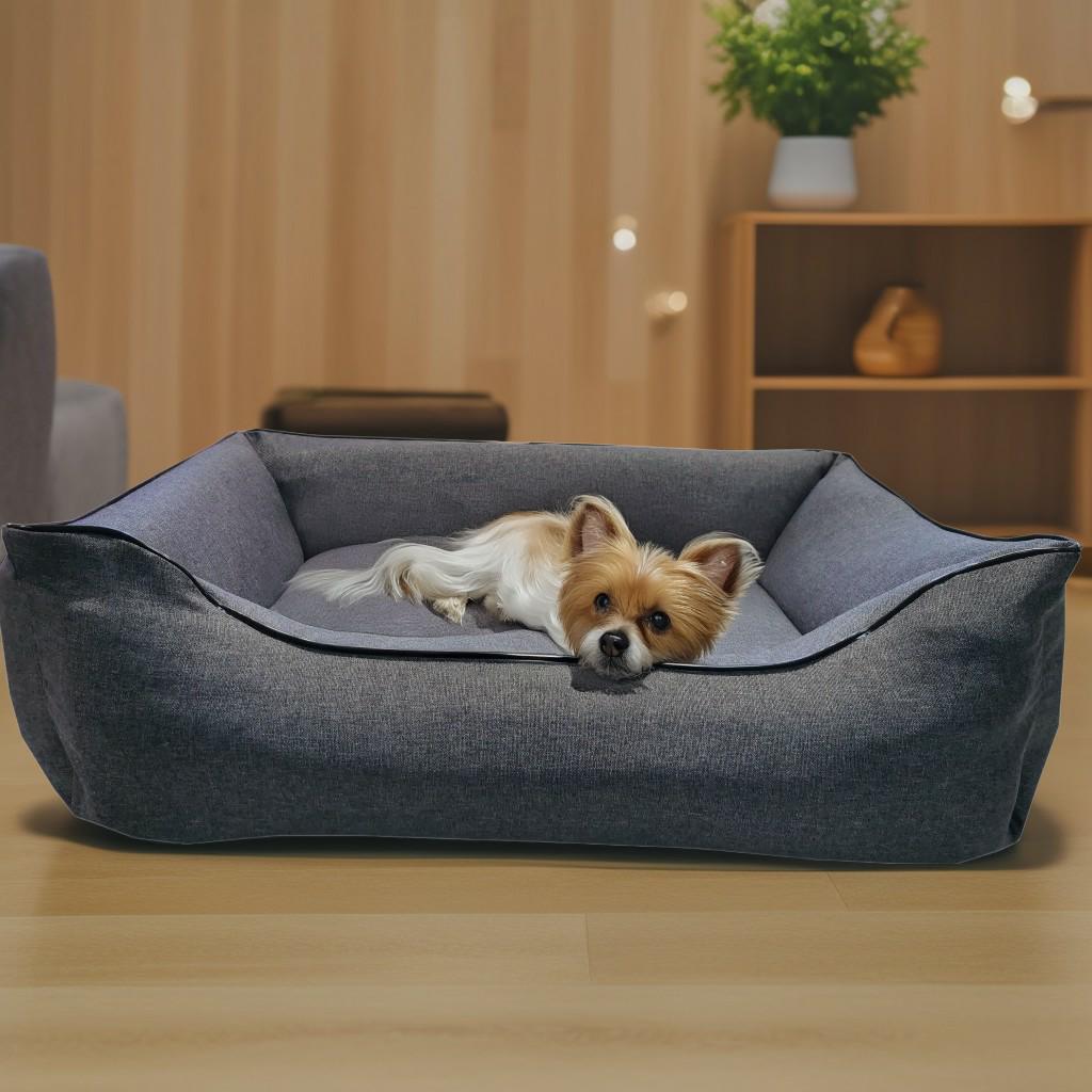 Legowisko dla psa Saba (3/20): Beżowa kanapa, widok z boku. Komfort i zdrowie kręgosłupa.