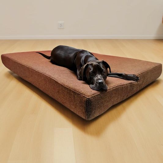 legowisko dla psa afik brązowe z psem na podłodze