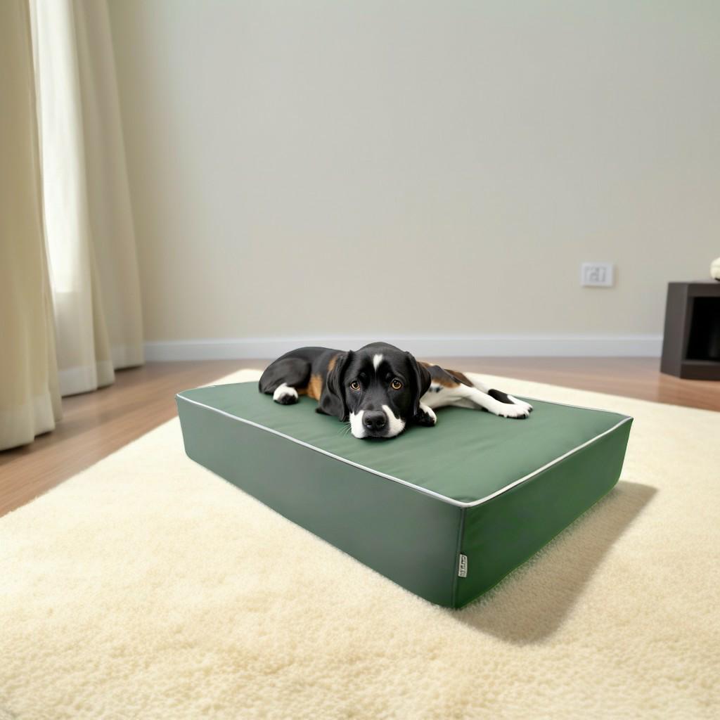 legowisko dla psa rosa z psem na dywanie