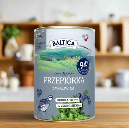 Karma mokra Baltica Przepiórka z wołowiną dla psa dorosłego (opakowanie). Bezzbożowa, hipoalergiczna